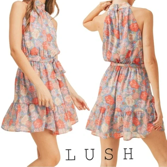 NEW Lush Floral Halter Neck Tie Waist Mini Dress - Picture 3 of 17
